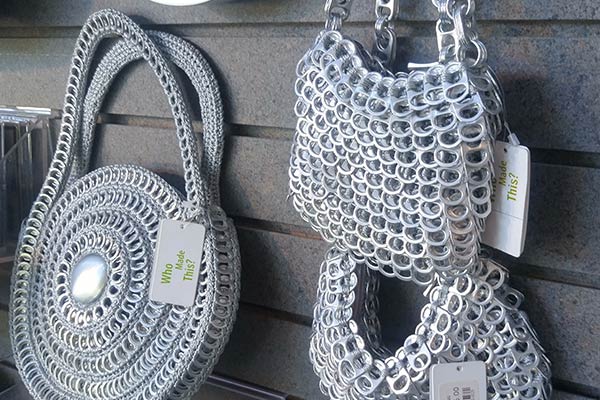 Purses made of can tabs at an art fair